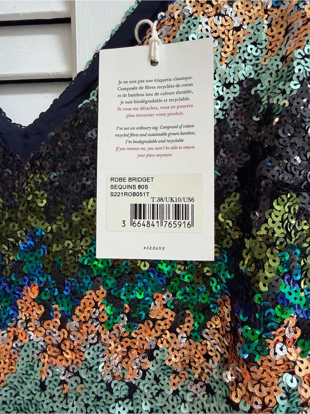 Sezane Sequined V-Neck Mini Dress in Green, Black & Copper - Picture 2 of 4